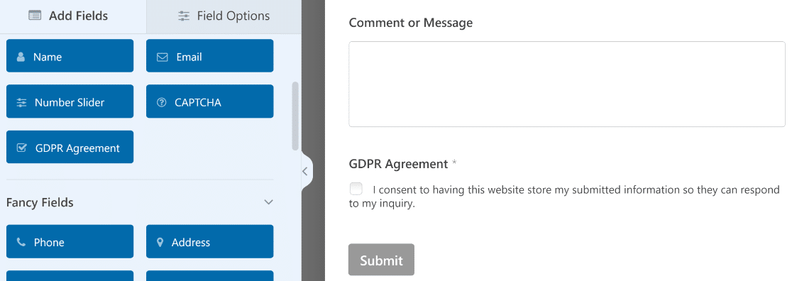 Champ d'accord GDPR - WPForms Champ d'accord RGPD
