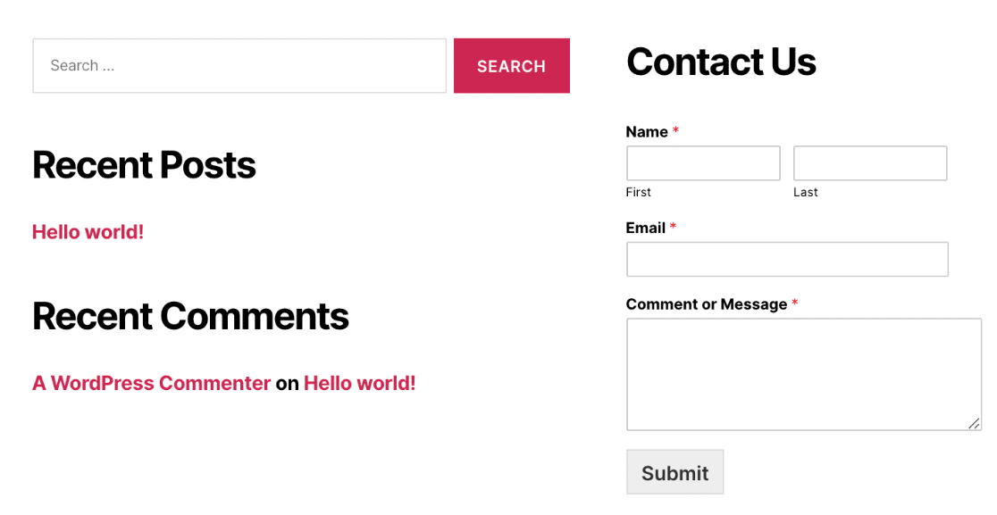 live-widget-form-example - WPForms An example of a form displayed in a footer widget