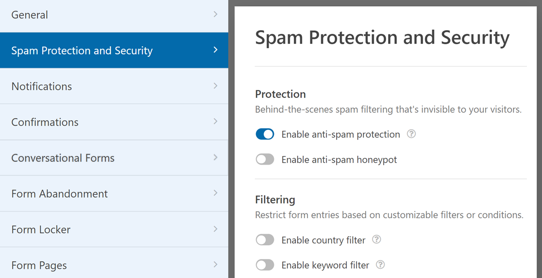 impostazioni-protezione-antispam-sicurezza - WPForms Protezione antispam e impostazioni di sicurezza