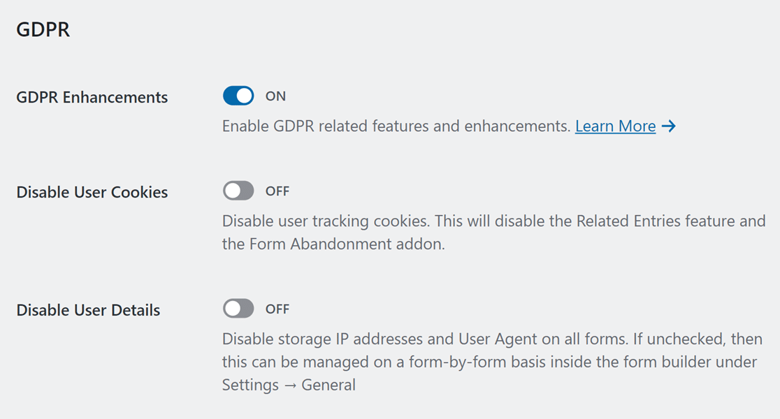 Melhorias de RGPD - WPForms Desativar cookies e detalhes do utilizador