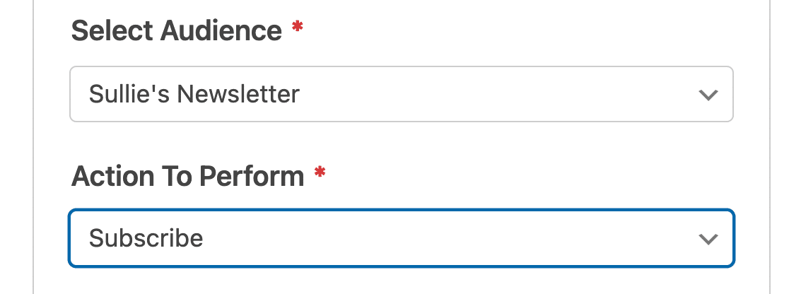 mailchimp-action-to-perform - WPForms Choosing an action to perform for a Mailchimp form connection