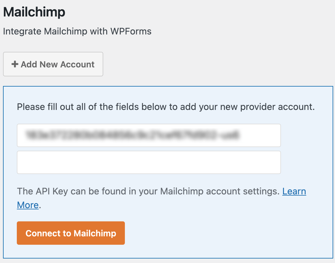 mailchimp-paste-api-key - WPForms Pasting your Mailchimp API key into the WPForms integrations settings