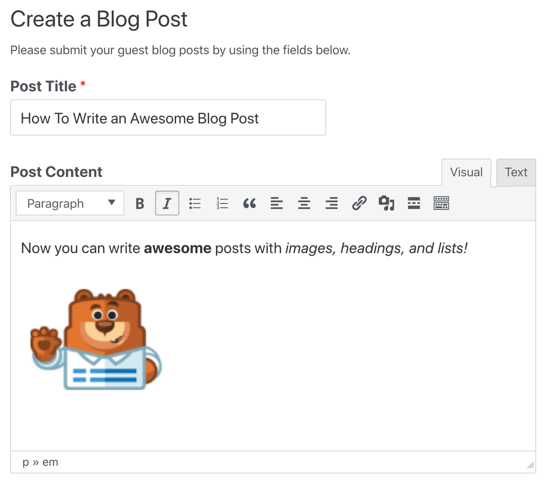Editor de texto enriquecido para envíos de entradas - WPForms Editor de texto enriquecido para envíos de entradas