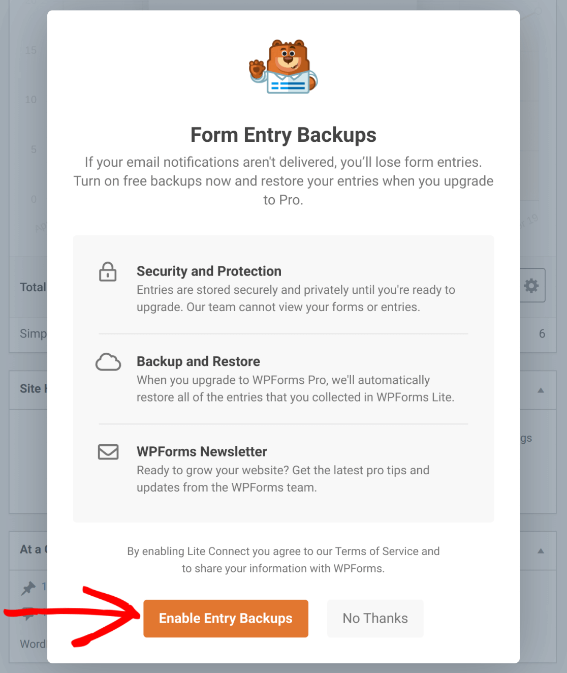 Lite Connect Diálogo Habilitar Copias de Seguridad - WPForms Diálogo de habilitación de copias de seguridad de Lite Connect