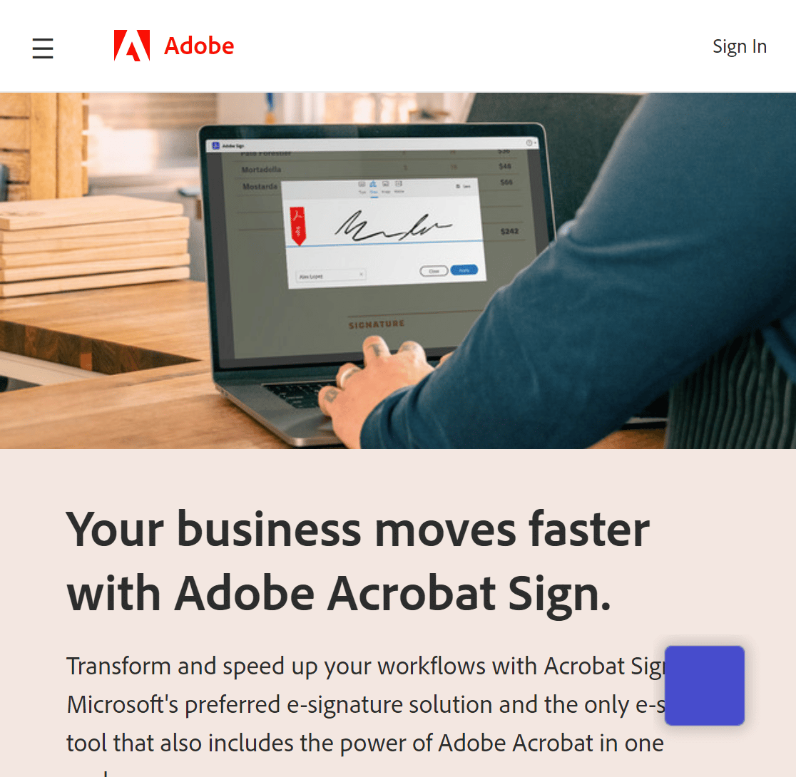 adobe-homepage - WPForms Screenshot der Startseite von Acrobat Sign