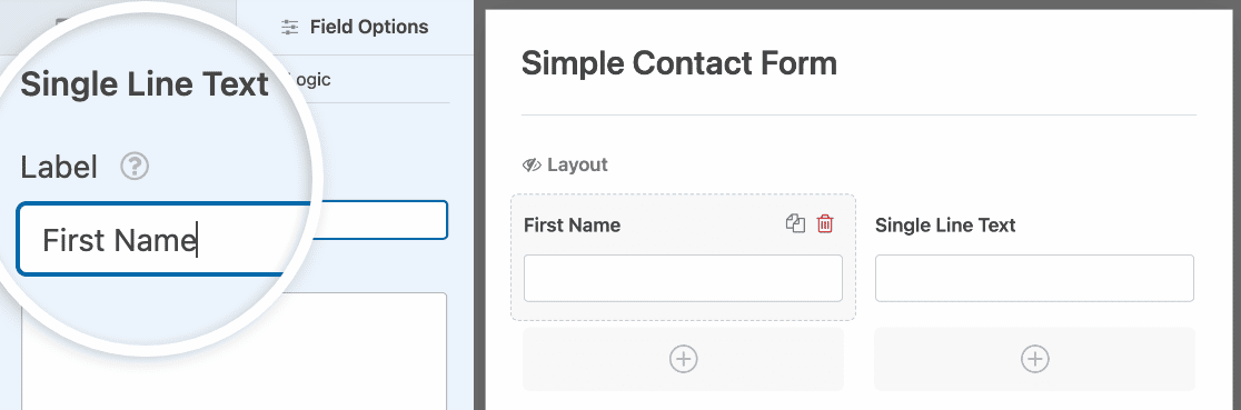 Campo de Layout Nome - WPForms Alterando o rótulo de um campo de Linha de Texto Única para Nome