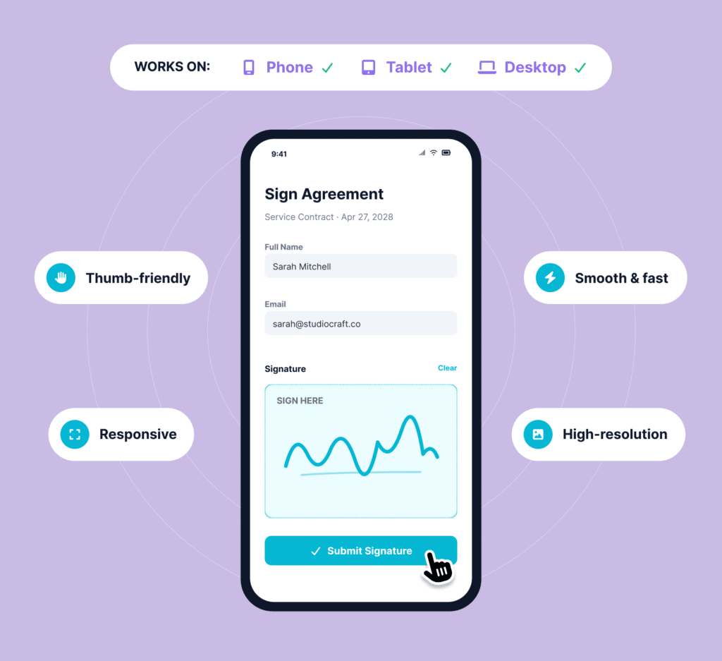 Champ de signature "Mobile first" dans WordPress - Appuyez pour signer en toute simplicité. - WPForms Champ de signature "Mobile first" dans WordPress - Appuyez pour signer en toute simplicité.