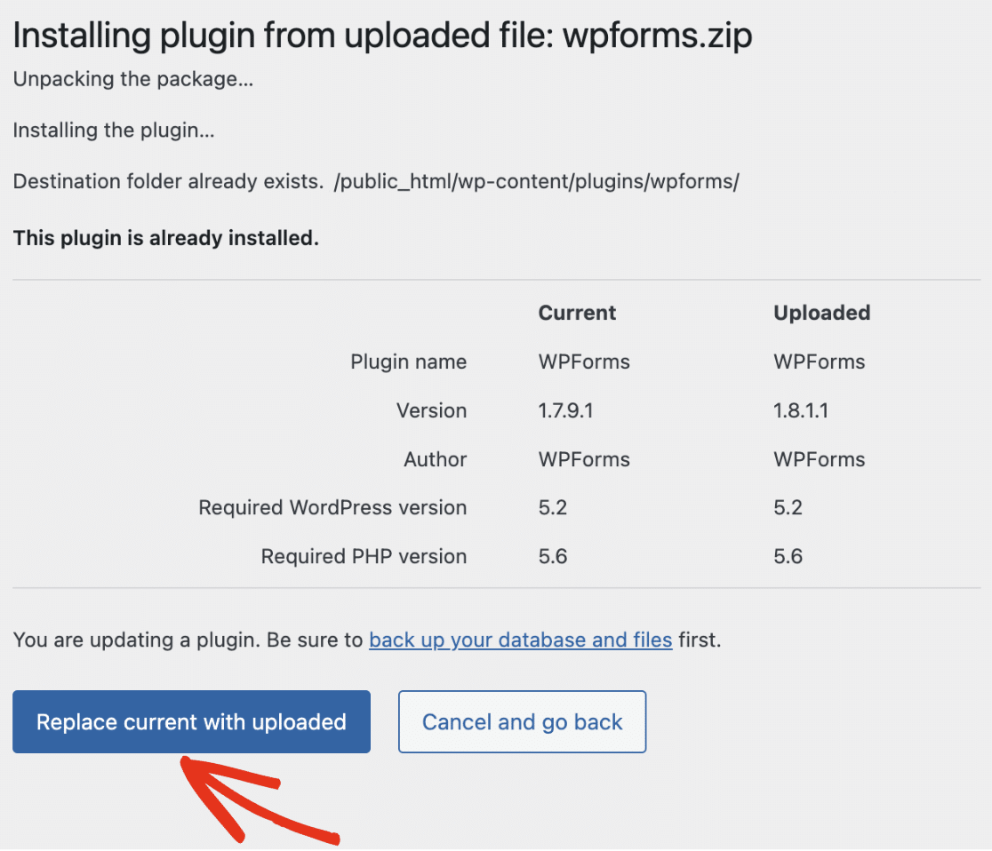 Manuelle Aktualisierung von WPForms und Ersetzen der alten Version des Plugins durch den neuen Upload