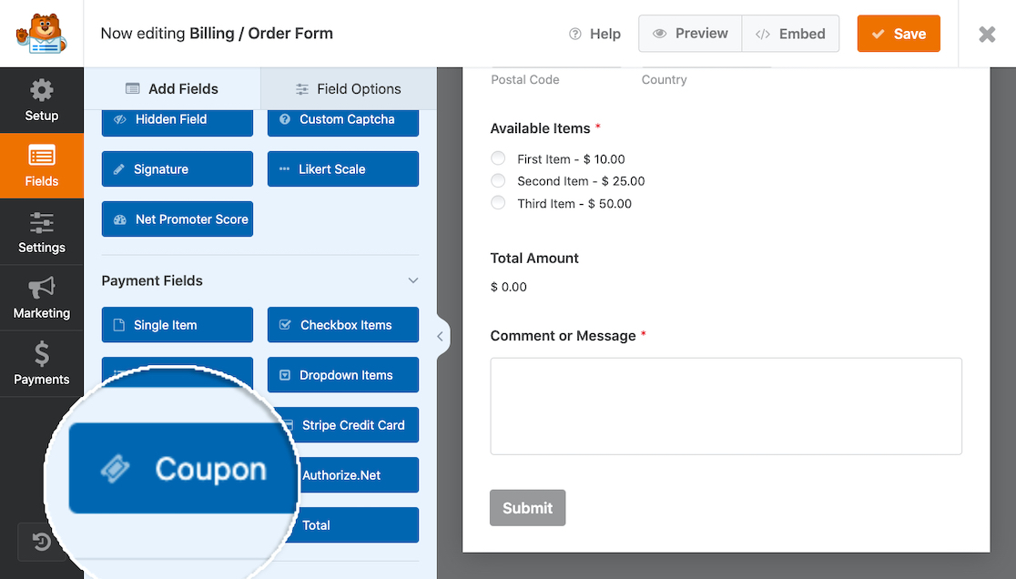 Campo Coupon - WPForms Selezione del campo coupon