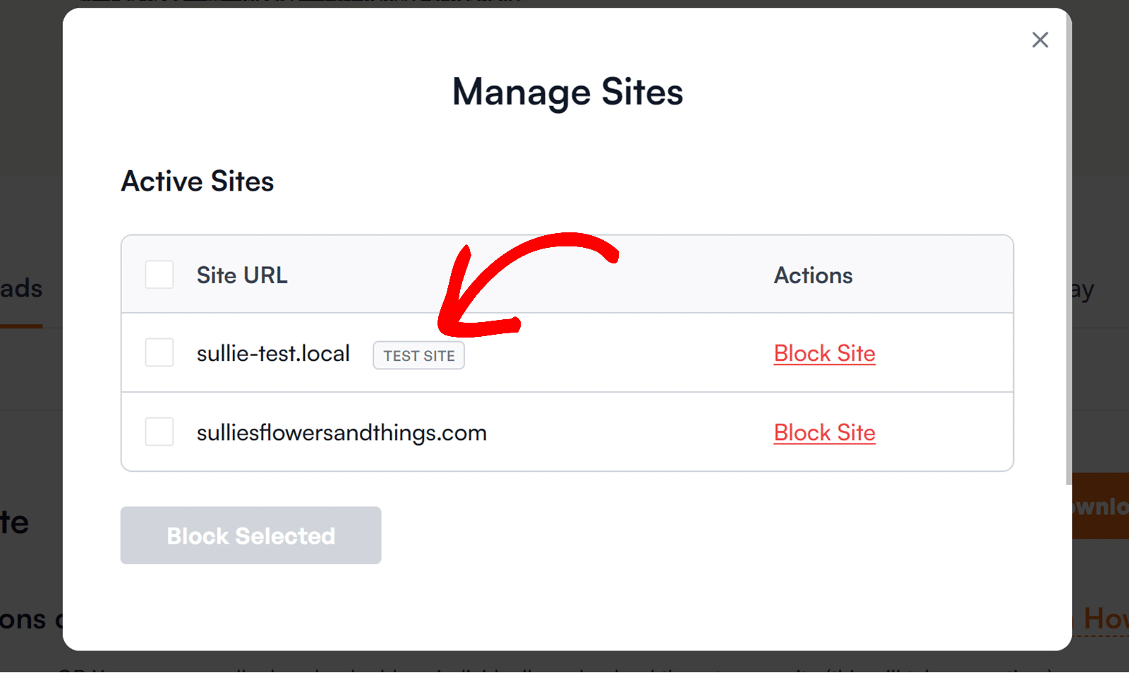 Libellé du site de test à côté des sites localhost - WPForms Site de test
