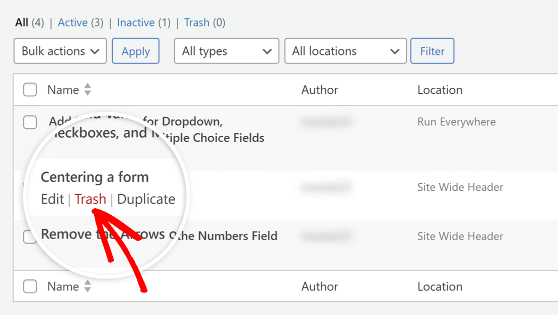 eliminar-fragmento - WPForms Clique em Eliminar para apagar um fragmento de código