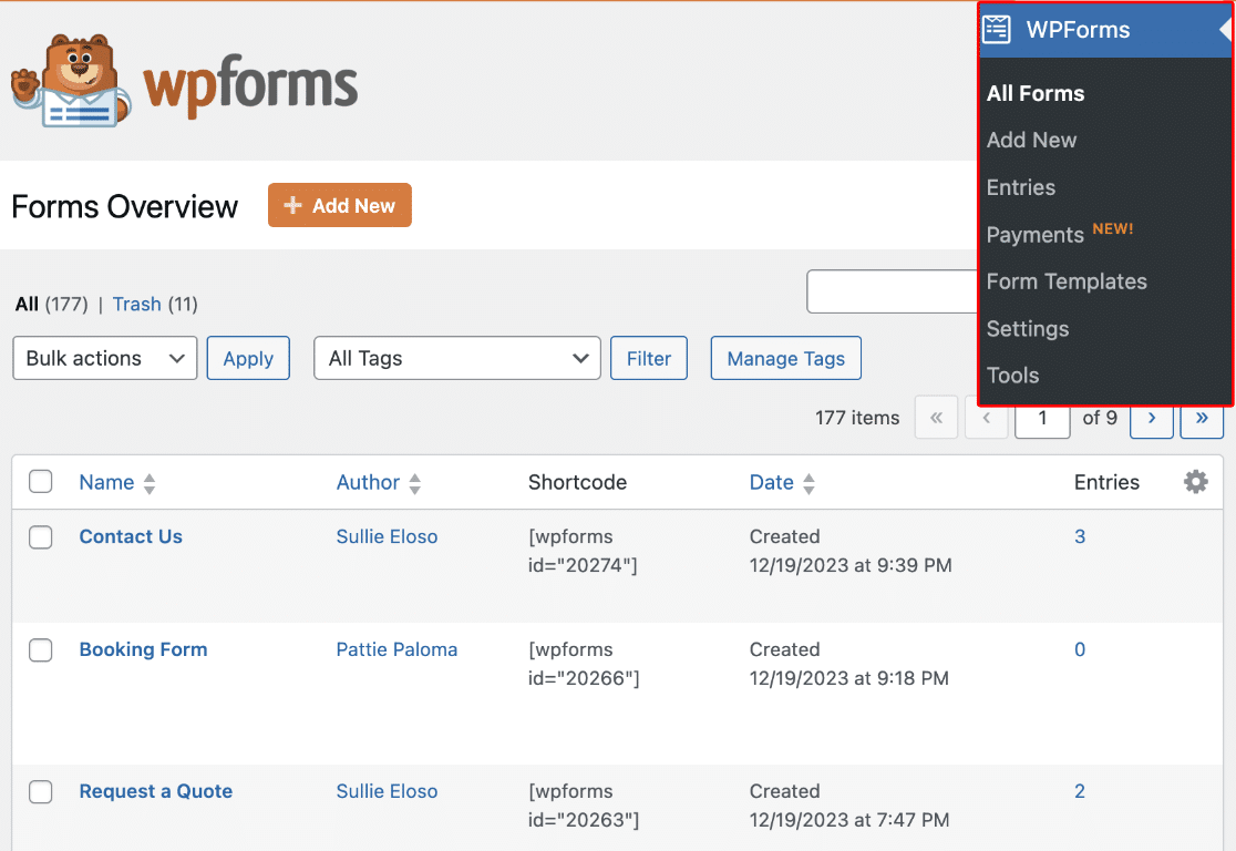 Forms Overview Page Forms overview page