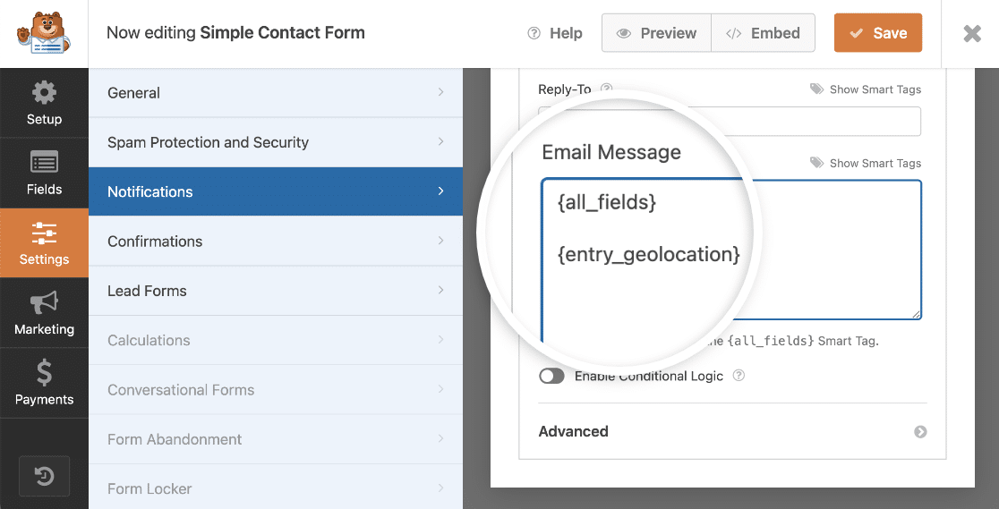 Etiqueta Inteligente de Geolocalização de Entrada - WPForms Adicionar a Etiqueta Inteligente {entry_geolocation} a uma notificação por e-mail