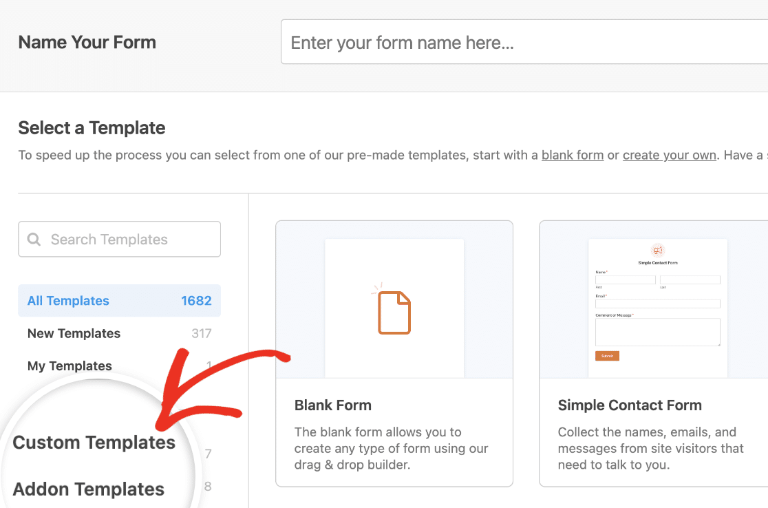Accessing the Custom Templates category in the form template library