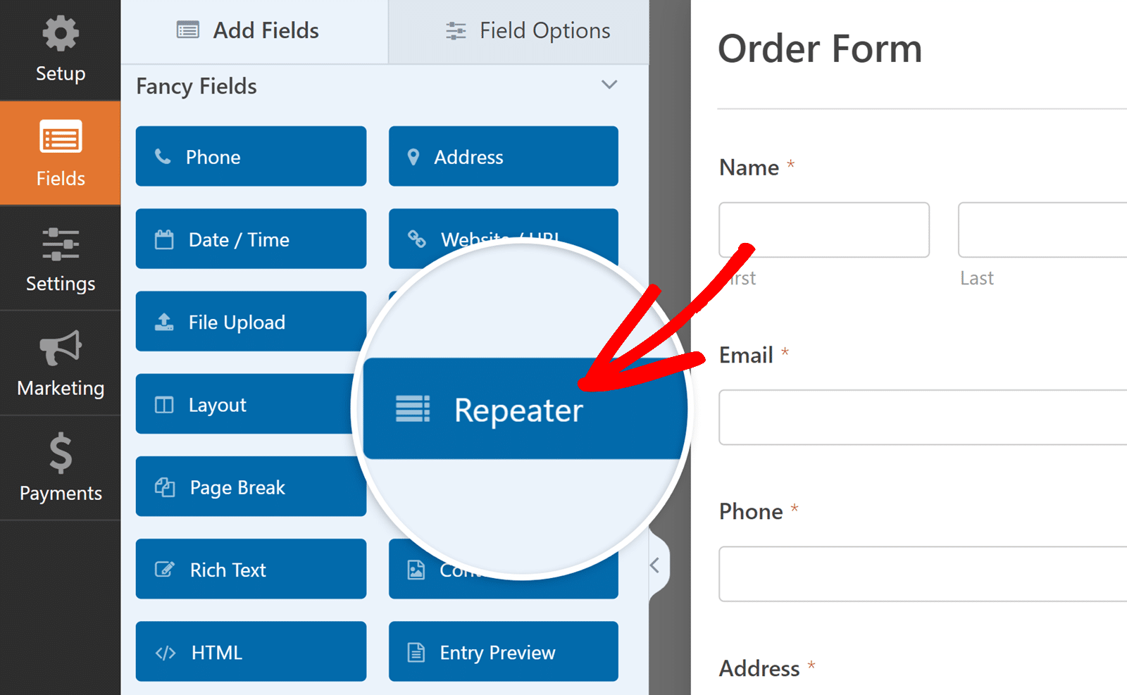 adicionar-campo-repetidor-1 - WPForms Clique no campo Repetidor para inserir no formulário