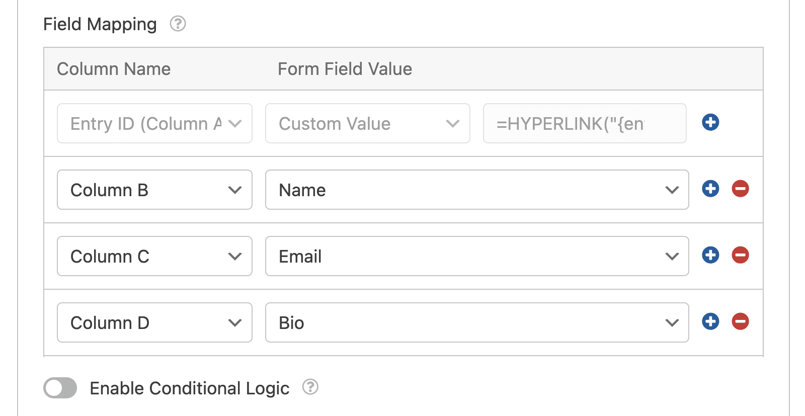 Mapeamento de campos para o complemento Google Sheets