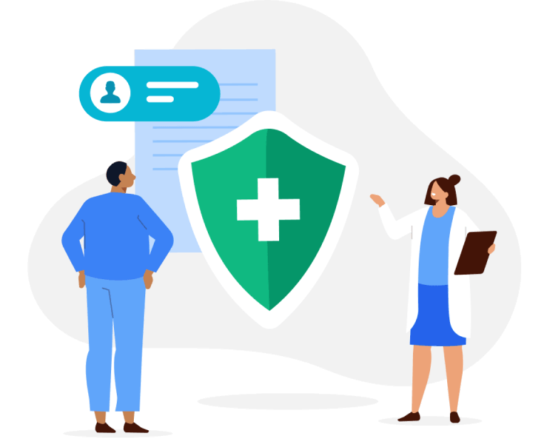Illustrazione di salute e benessere con professionisti medici e scudo - WPForms Illustrazione di salute e benessere con professionisti medici e scudo