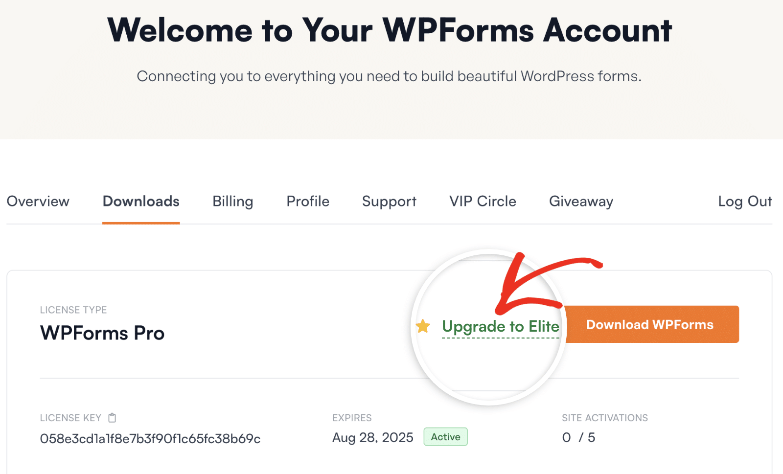 Link di aggiornamento WPForms Elite