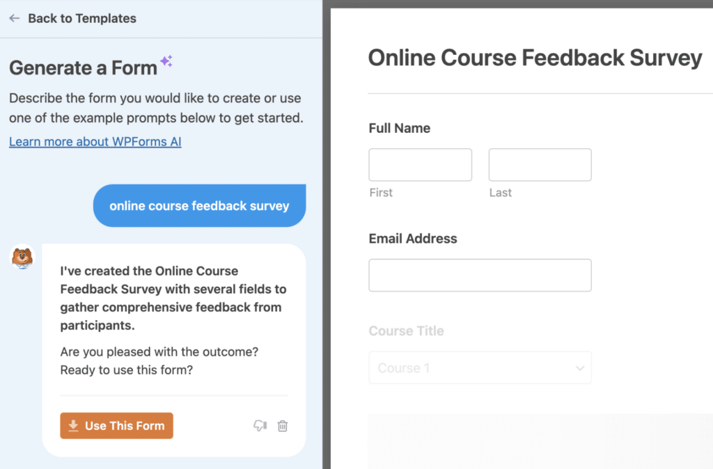 form-generating - WPForms WPForms AI generating form
