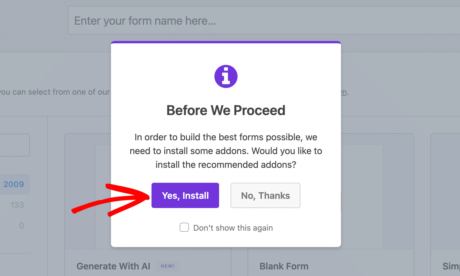 click-yes-install - WPForms Installing essential addons