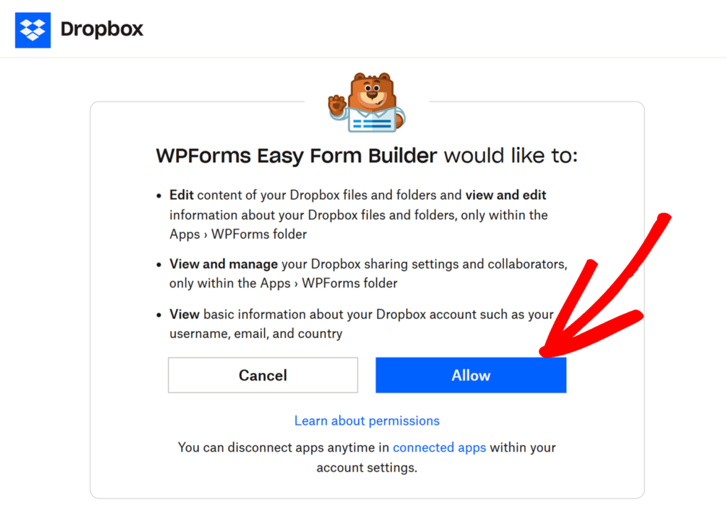 allow-wpforms-auth-dropbox - WPForms Fai clic su Consenti per connetterti a WPForms