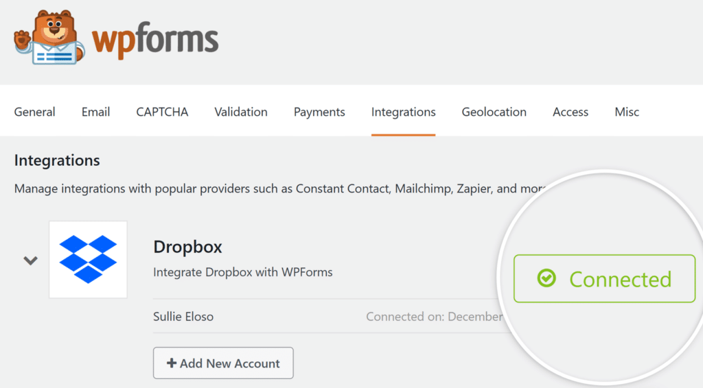 dropbox-addon-connected - WPForms Dropbox connesso con WPForms