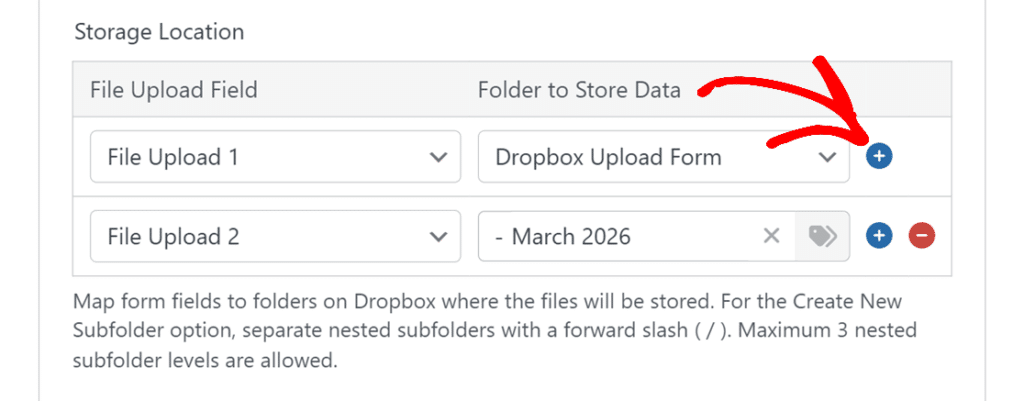 mappa-nuovi-campi-dropbox - WPForms Fai clic sull'icona per aggiungere altre posizioni di archiviazione