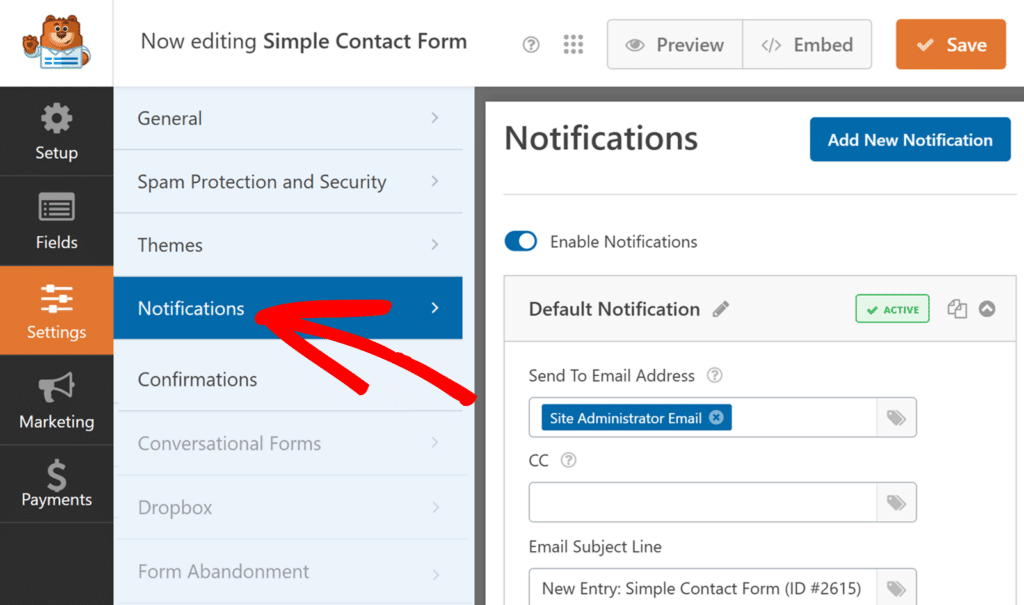Accéder aux paramètres de notification du formulaire - WPForms Accéder aux paramètres de notification du formulaire