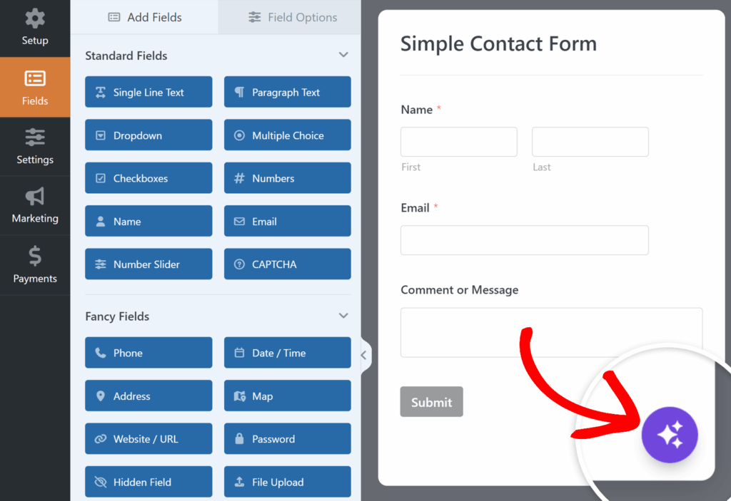 wpforms-smart-edit - WPForms Form builder UI with left navigation and a right-side Simple Contact Form preview. (informative)