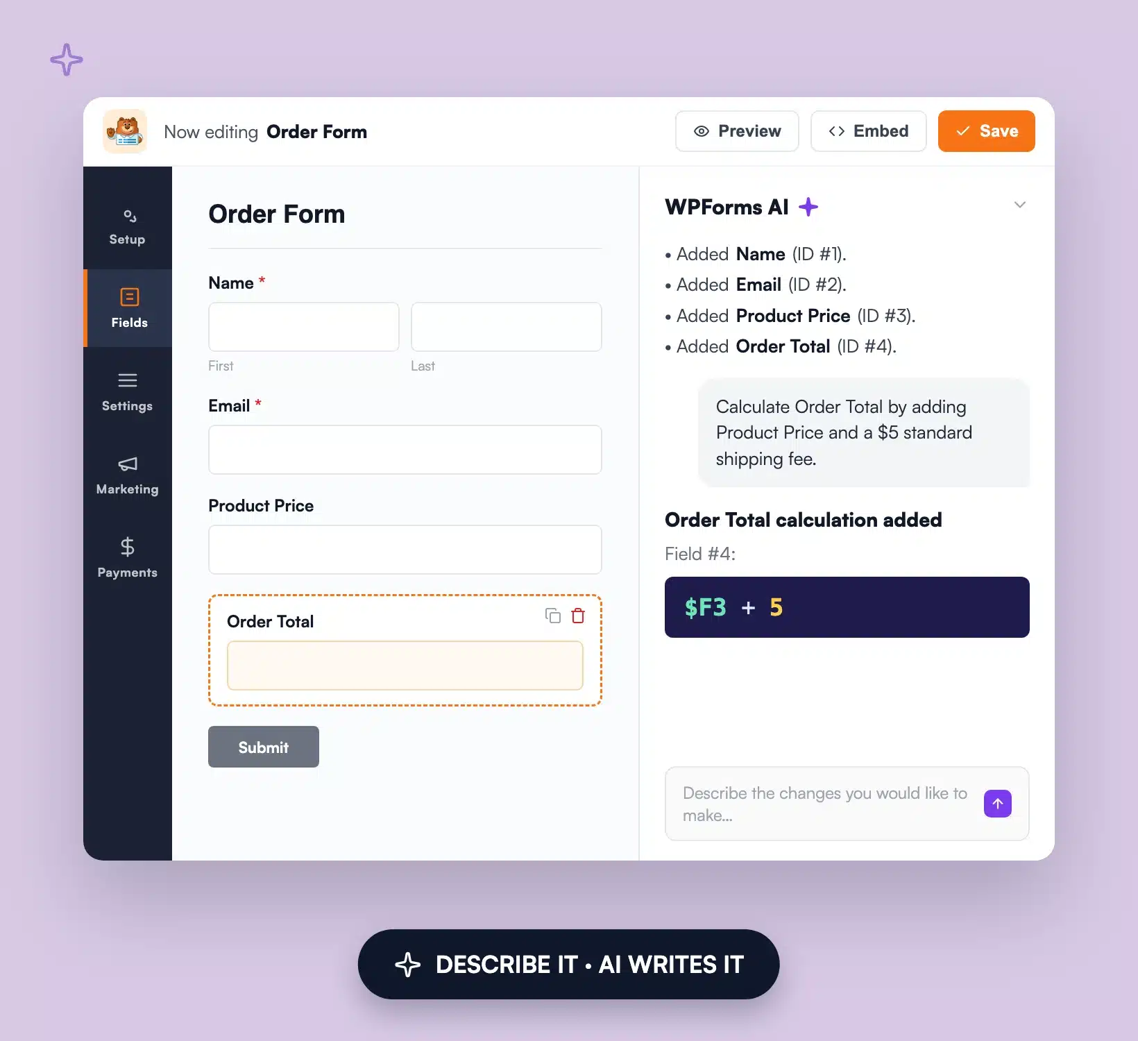 Gerador de Fórmulas de Cálculo de IA WPForms - WPForms IA do WPForms a gerar uma fórmula de cálculo de total de encomenda a partir de um pedido em linguagem natural