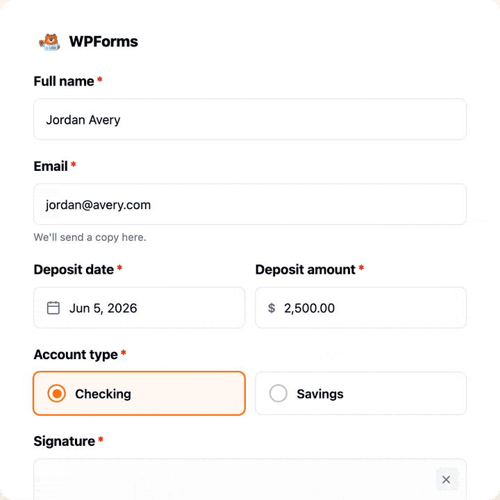 onestripe depósito - WPForms Formulário de depósito e fatura Stripe do WPForms animado com um campo de assinatura