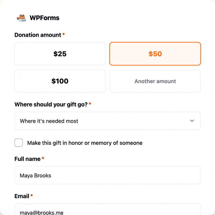 onestripe doação - WPForms Formulário de doação Stripe do WPForms animado com blocos de valor predefinidos