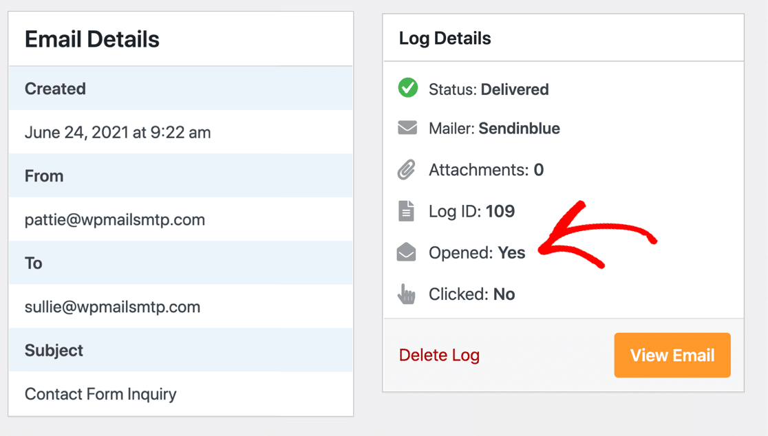 Detalhes de abertura e clique no registo de e-mail do WordPress - WP Mail SMTP Detalhes de abertura e clique no registo de e-mail do WordPress