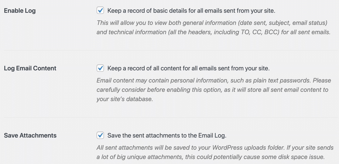 Email log attachments settings - WP Mail SMTP Email log attachments WordPress SMTP settings