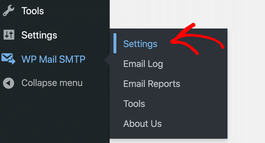 Menu de definições do WP Mail SMTP - WP Mail SMTP Menu de definições do WP Mail SMTP