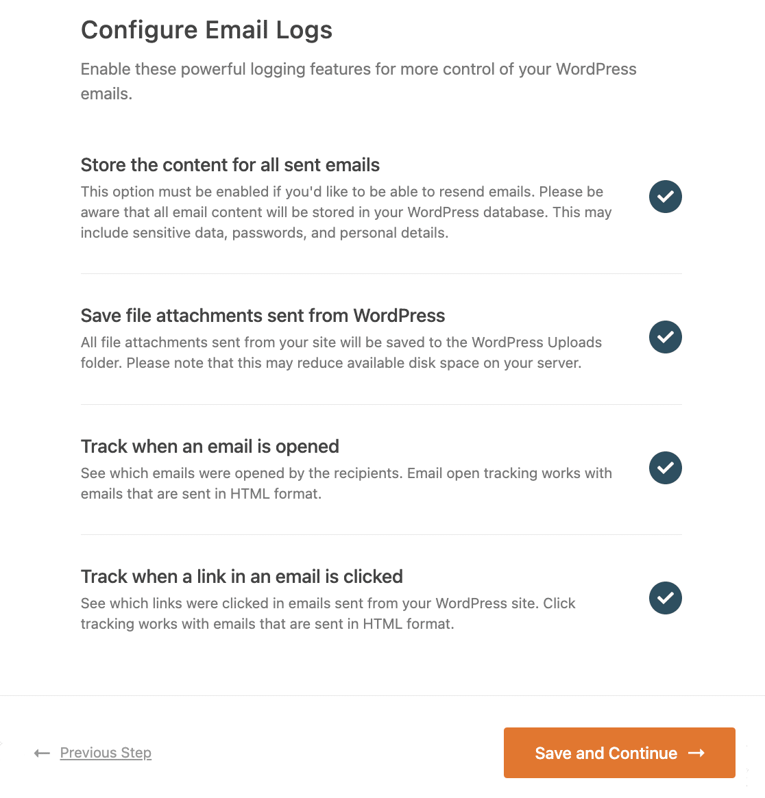 Setup Wizard Email Log Settings - WP Mail SMTP Configuring email log settings in the WP Mail SMTP Setup Wizard