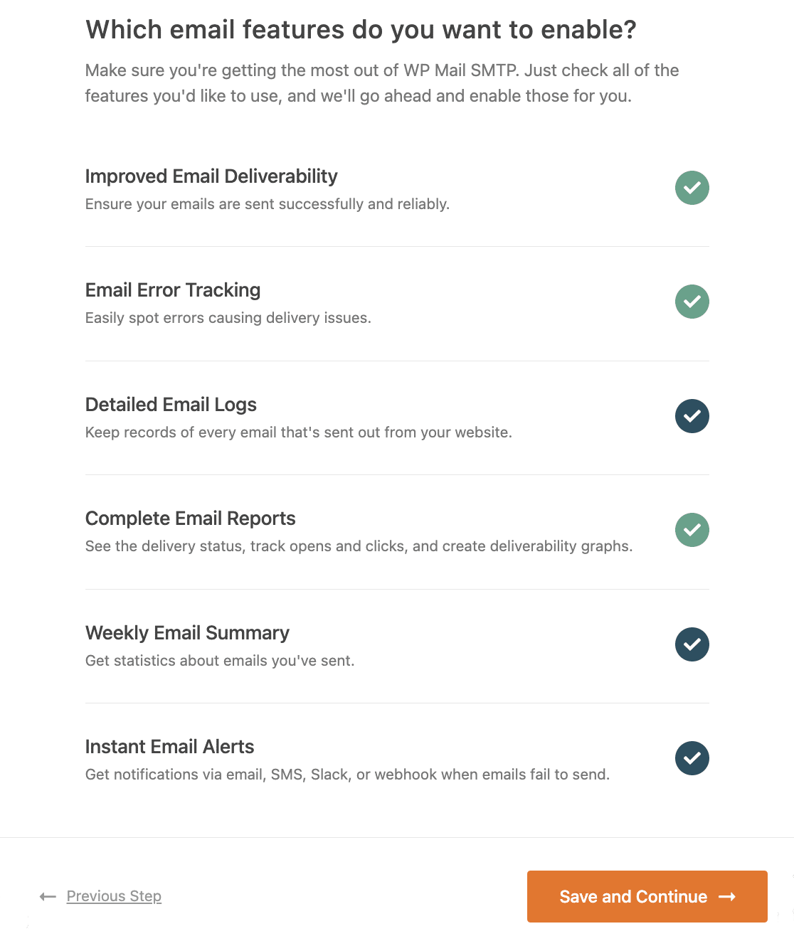 Setup Wizard Enable Features - WP Mail SMTP Enabling email logs and email alerts in the WP Mail SMTP Setup Wizard
