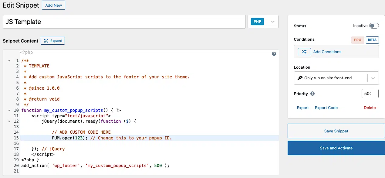 Getting Started With Custom Javascript 1 Edit Snippet Example Using The Code Snippets Plugin