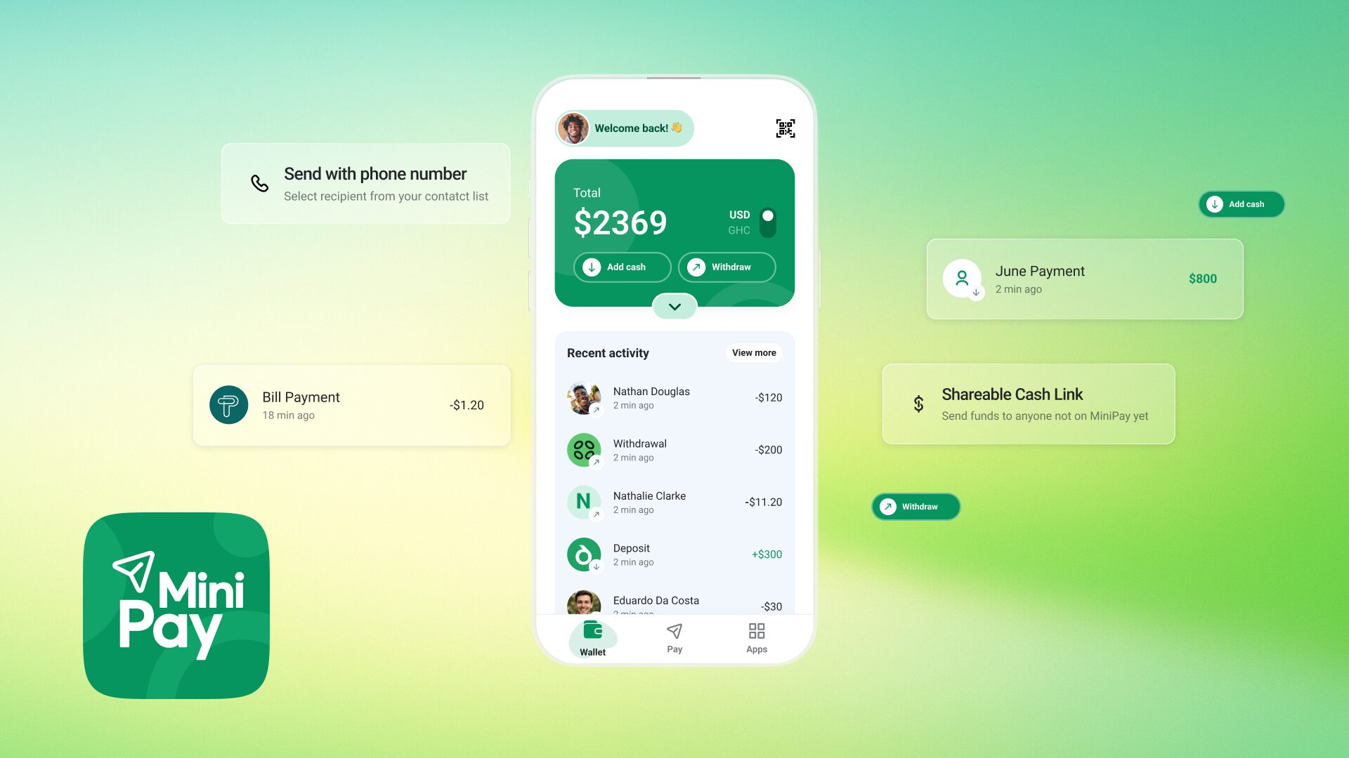 An iPhone shows MiniPay's easy-to-use, mobile-first interface.