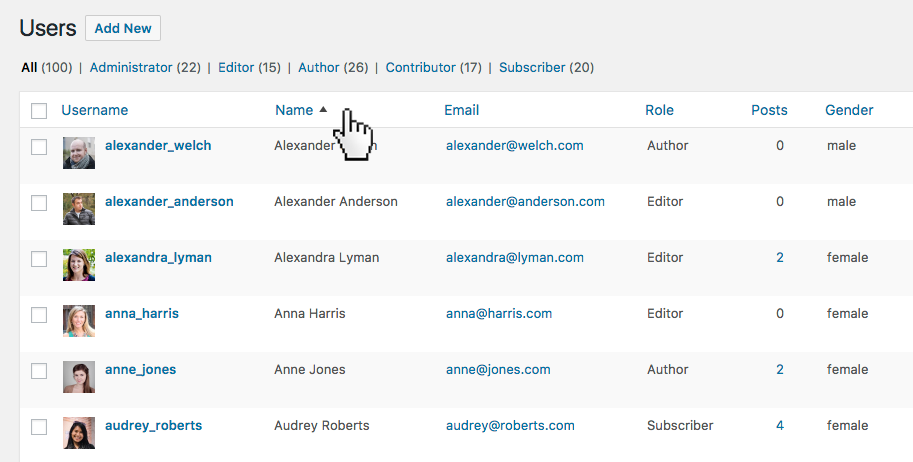 Custom sortable columns Users overview with custom sortable columns. Sort content and easily adjust it with bulk or inline edit.