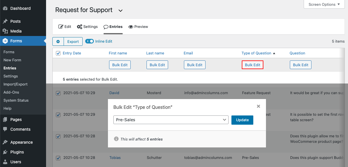 Gravity forms bulk edit entries screenshot