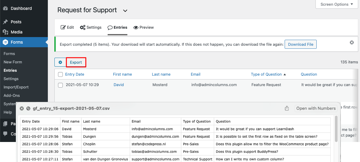 Gravity forms export entries to CSV