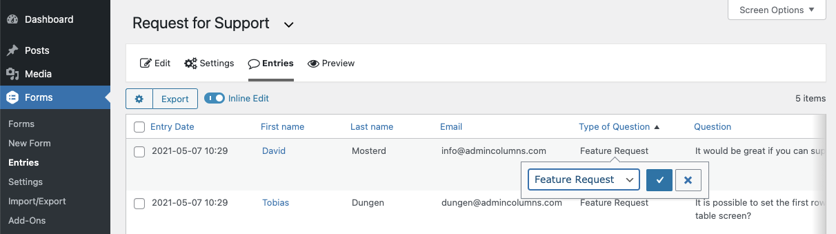 Gravity forms inline edit entries screenshot