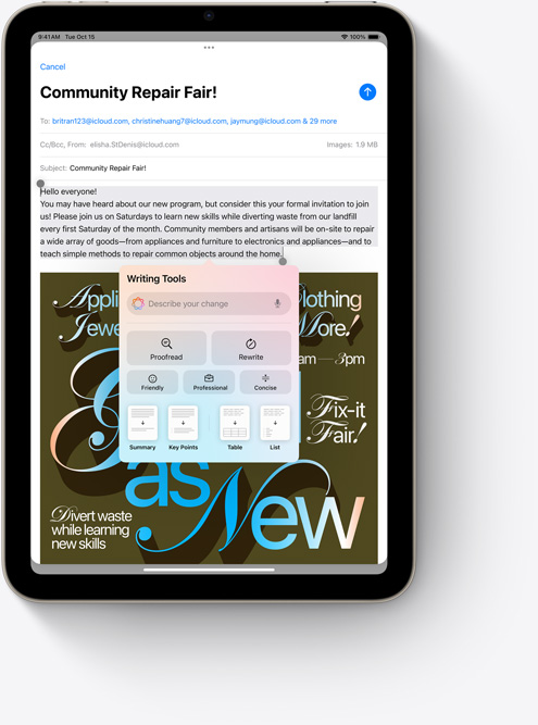 iPad mini 展示全新的 Apple Intelligence 功能之一,郵件 app 的書寫工具。