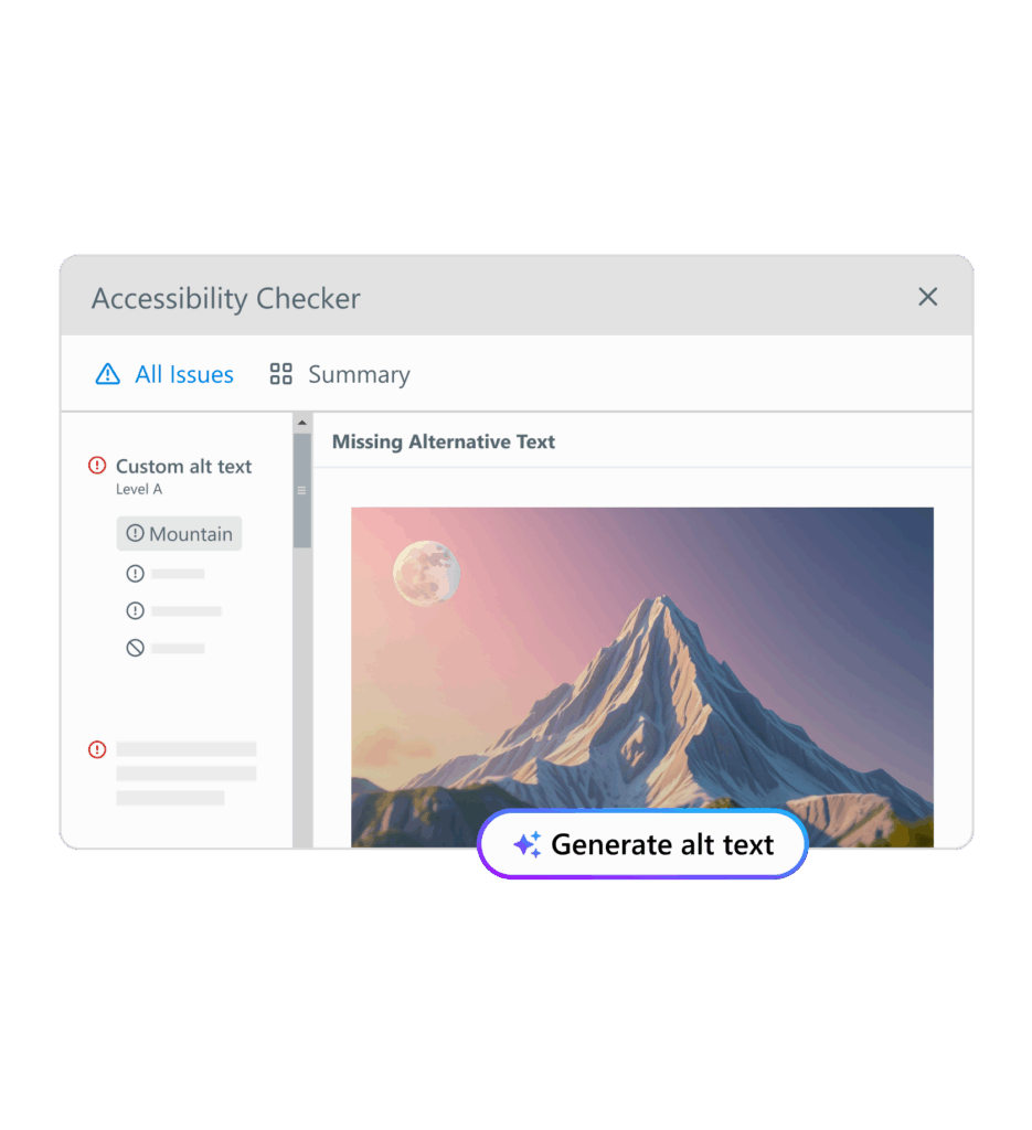 User interface demonstrating the option to use AI to generate alt text, in this case for an photo of a mountain peak under a full moon.
