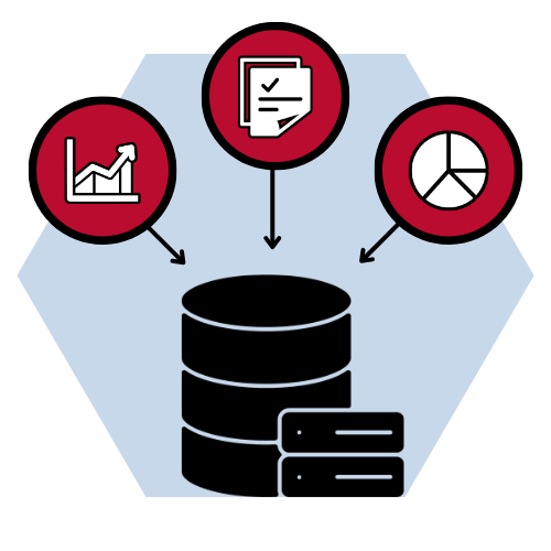 Graphic of icons representing data and documents all with lines directing them into a database server symbol.