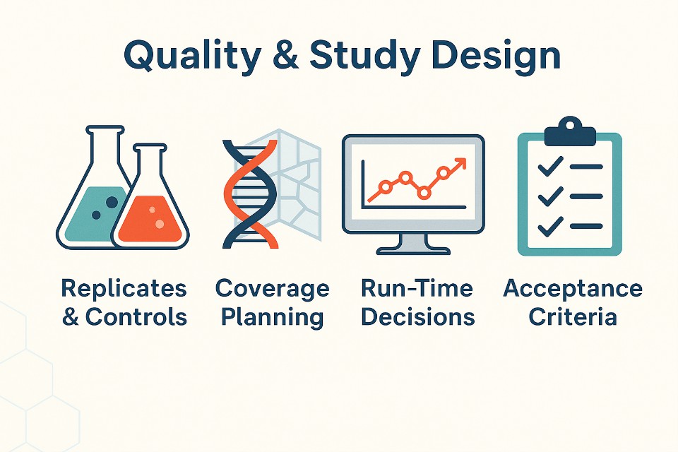 Infographic titled 'Quality and Study Design' showing icons for Replicates and Controls, Coverage Planning, Run-Time Decisions, and Acceptance Criteria.