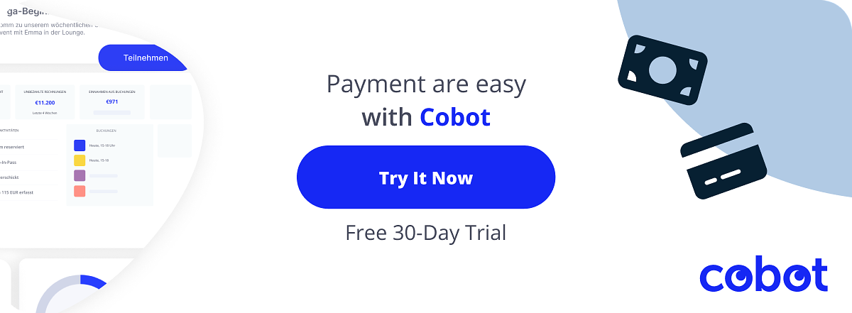 "Payments are easy with Cobot" text followed by a button inviting the user to try Cobot for free.
