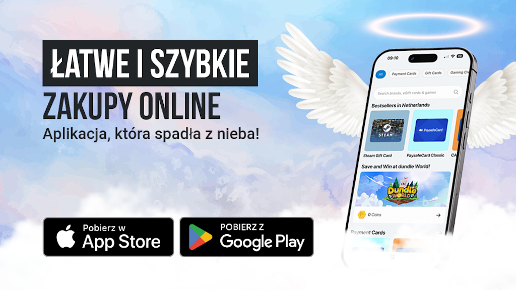 Sprawdź dundle app Ekran telefonu ze stroną główną dundle na jasnoniebieskim i ciemnoniebieskim tle. Po lewej stronie znajdują się przyciski pobierania dla systemów Android i Apple