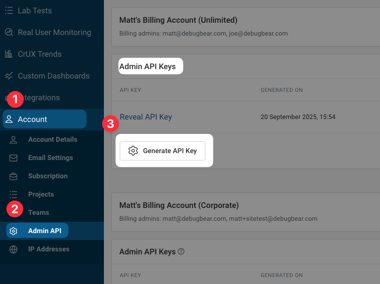 Admin API tab in account settings